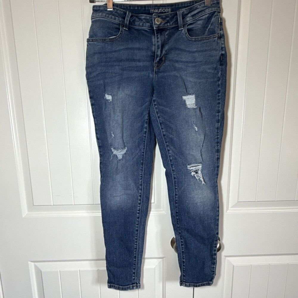 Maurices Women Skinny Jeans Blue Denim Medium Wash Distressed Stretch Pockets 12
